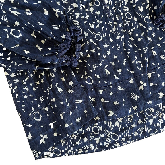 The GREAT. Perch Cotton Peasant Prairie Blouse Navy Cream Balloon Sleeve Boho - Picture 7 of 11